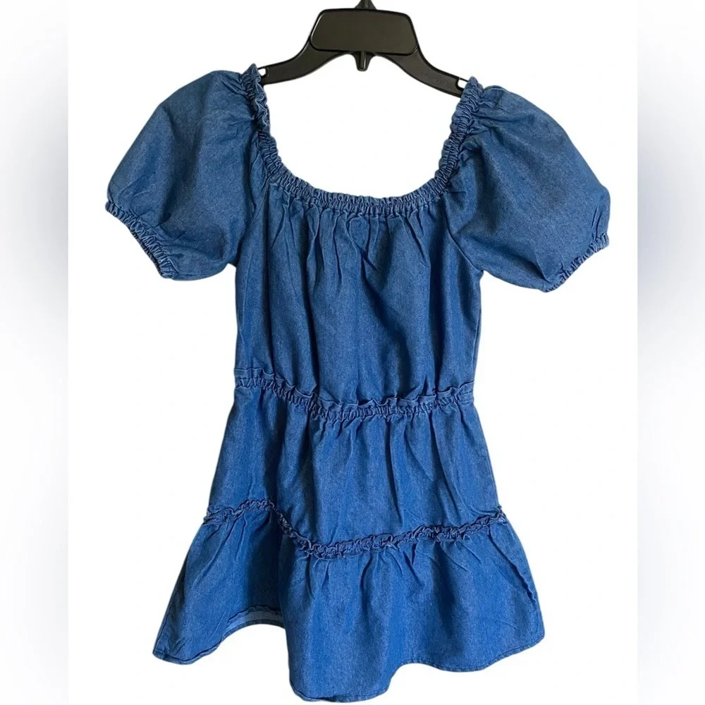 BCBG GIRLS Blue Denim Ruffle Dress Puff Sleeve Smocked Dress Size Large NWOT